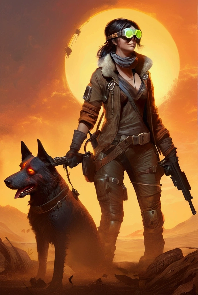 Picture of a woman with a gun and a dog, The dog is wearing goggles、Late Afterlife Marauders , Post-apocalyptic explorer,   senior concept artist  , Post-apocalyptic,  Interesting Character Designs , RPG Character Art ,  highly detailed character design ,  Amazing Character Design , Post-apocalyptic style,  RPG character concept art ,  video game character art , Cowboys of the End of Life ,  video game character concept、fall out、 Terada Katsuya's Style