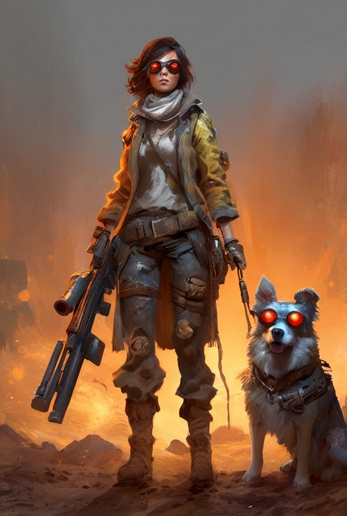 Picture of a woman with a gun and a dog, The dog is wearing goggles、Late Afterlife Marauders , Post-apocalyptic explorer,   senior concept artist  , Post-apocalyptic,  Interesting Character Designs , RPG Character Art ,  highly detailed character design ,  Amazing Character Design , Post-apocalyptic style,  RPG character concept art ,  video game character art , Cowboys of the End of Life ,  video game character concept、fall out、 Terada Katsuya's Style