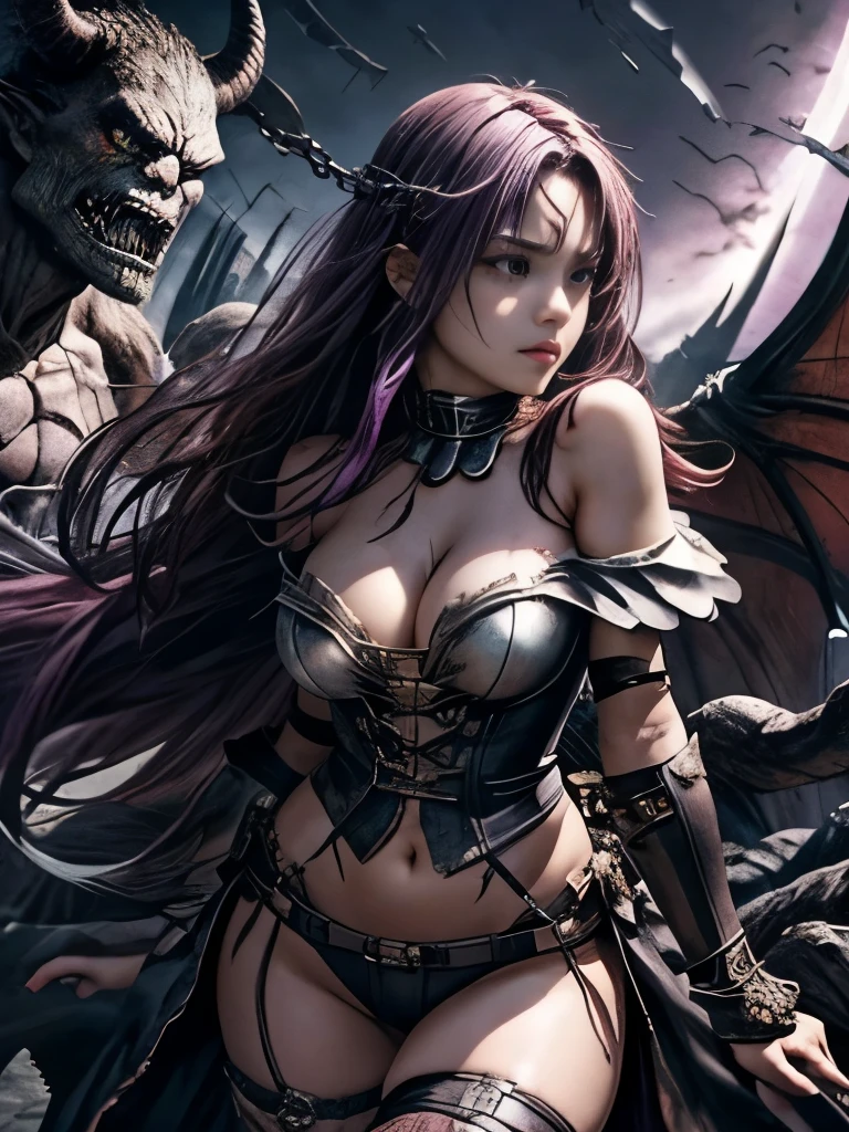 Best Quality、torture、 slave、Constraints、BDSM、Captured by a monster、Surrounded by monsters、defeat、 beautiful woman with very long purple hair、Full of wounds、tattered white armor(Small breasts、 cleavage、 off-shoulder 、Sleeveless、No elbow pads、belly button、 high leg、Exposed thighs)、White Armor Boots、Beautiful woman with very long purple hair 、 Tears Overflow 、frightened expression 1 :5、Runaway 1:5、Attacked by monsters 1:5、Many violent monsters 1:5、Monster grabs arm. Monster attacks from behind、Monster grabs the leg、Monster Swarm 1:5、midnight、 Darkness、Different world、 Dark Fantasy 、Pitch Black Hell