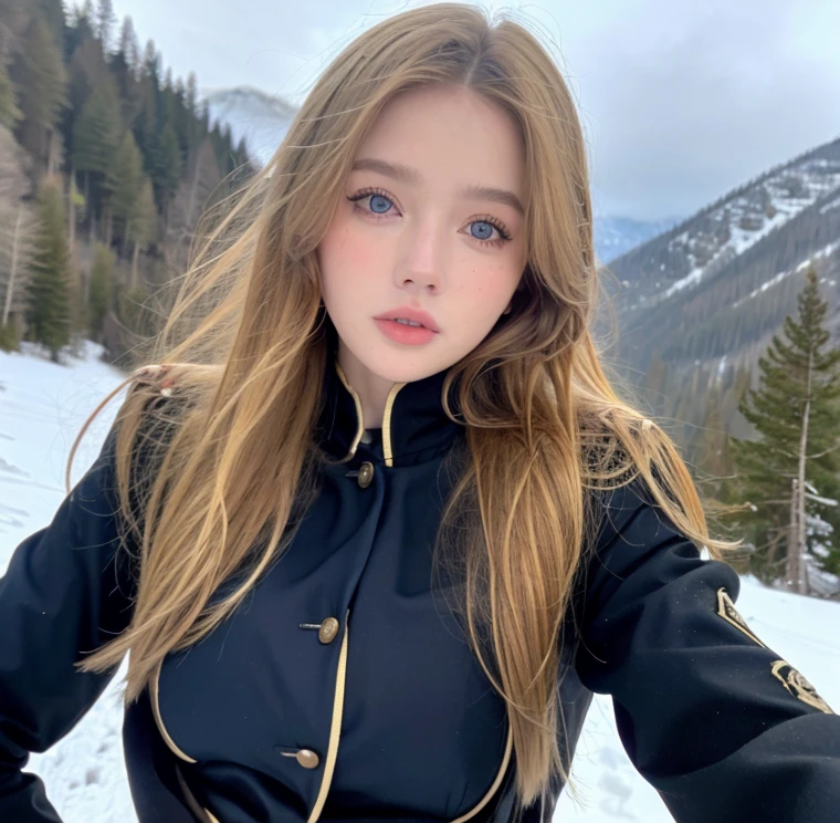 Pretty woman,cute,huge natural breasts, blonde hair curly/flowing, detailed dark BLUE eyes and face, not to skinny, make it ultra-realistic, western european girl, in the snow in the mountains, military uniform (modern military clothing elelments), extremely detailed blue eyes, extremely long wavy blonde hair.