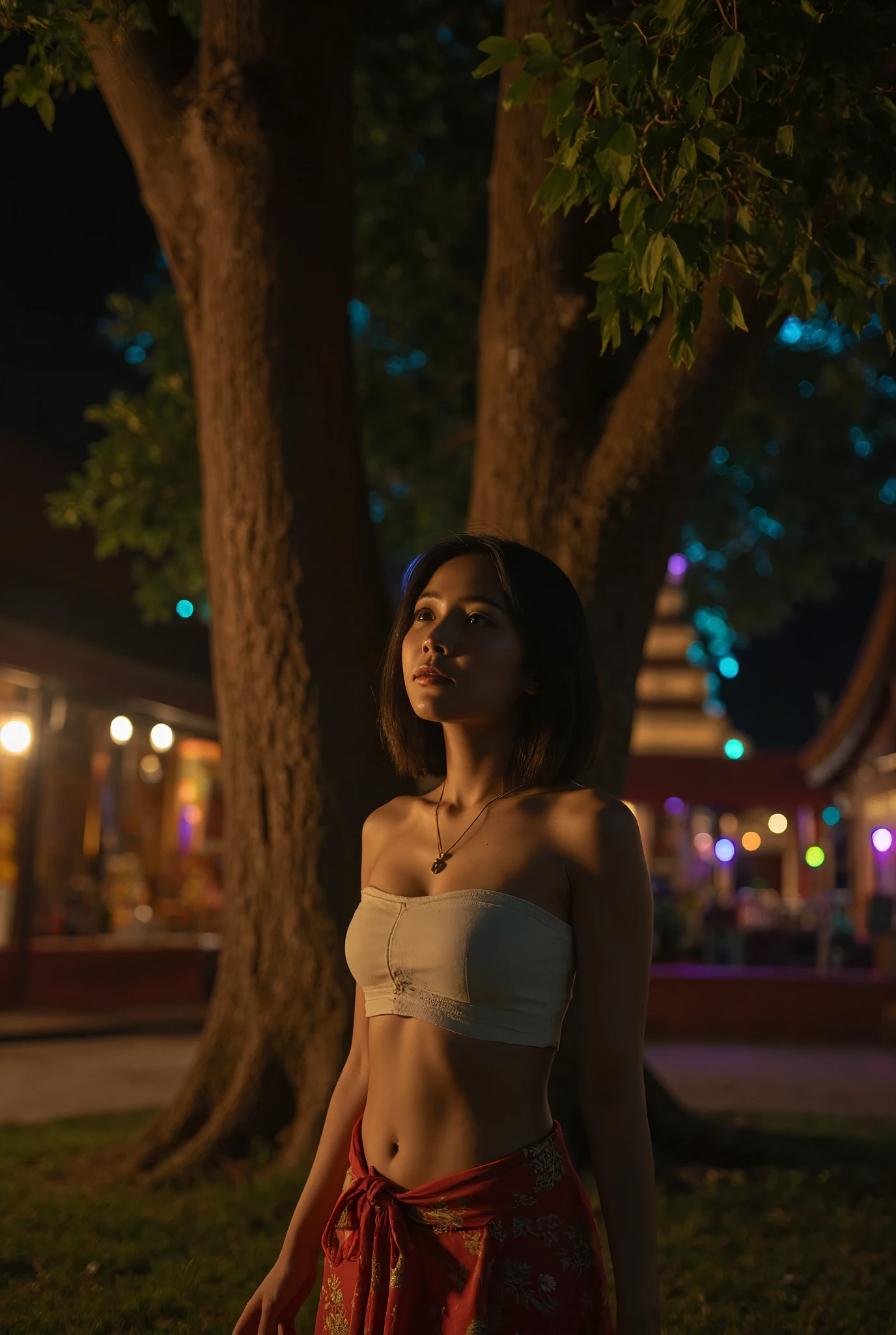 A half-body portrait of a young Thai woman in traditional Thai clothing, standing under a large tree in an ancient Thai temple at night. She has short black hair and is gazing upward with a serene expression as warm, soft lighting gently illuminates her face. The background is dark with colorful bokeh lights creating a dreamy, ethereal effect. The scene captures the mystique and beauty of a historic temple, with intricate architectural details subtly visible in the shadows. The atmosphere feels both tranquil and magical, accentuated by the glow from temple lights filtering through the tree branches.