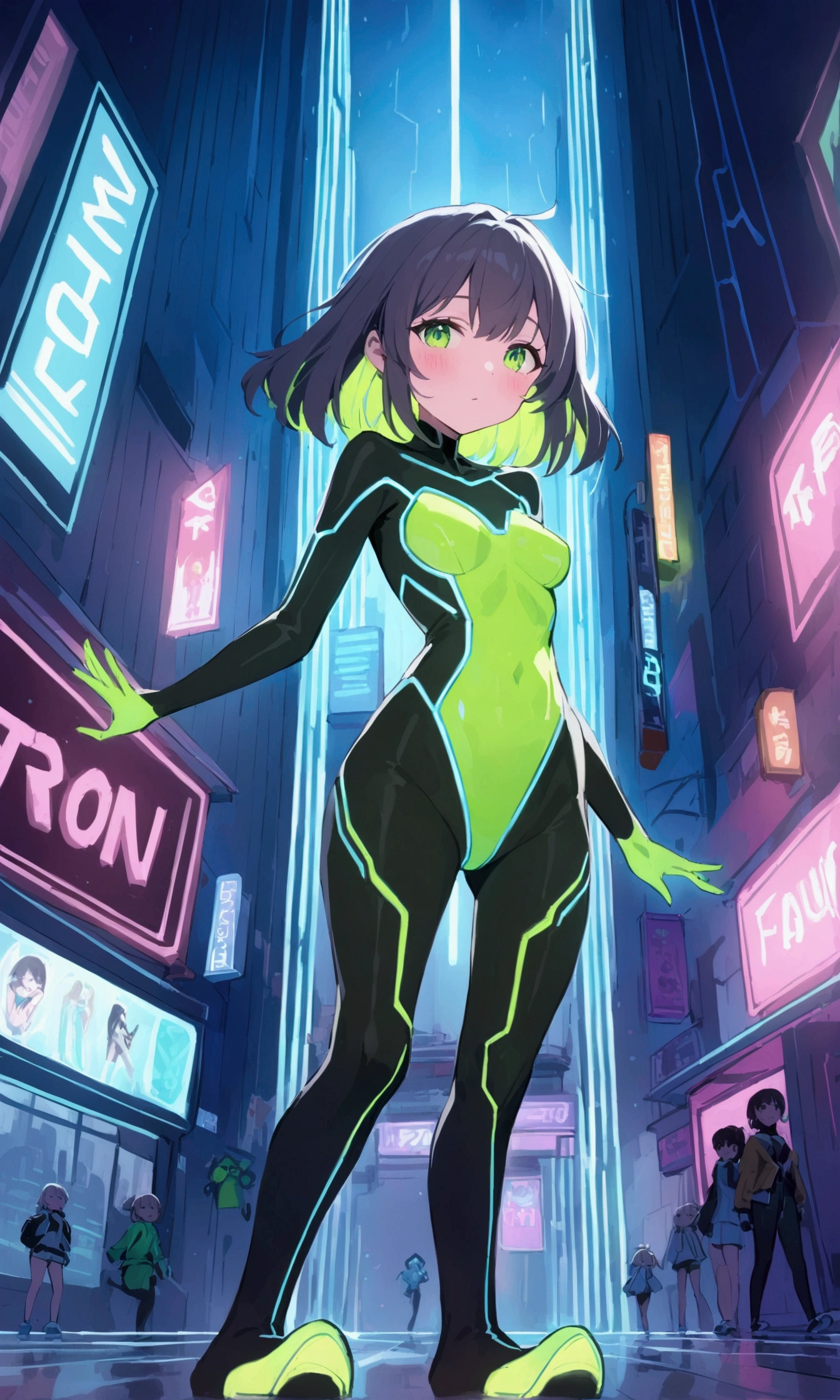 a cute woman in Tron world (cute, age 25, green neon high light sexy body suit, riding a Tron light cycle) is hurrying to a blue neon building on a Tron neon lit street at night. busy Tron city in rain, tentacles
