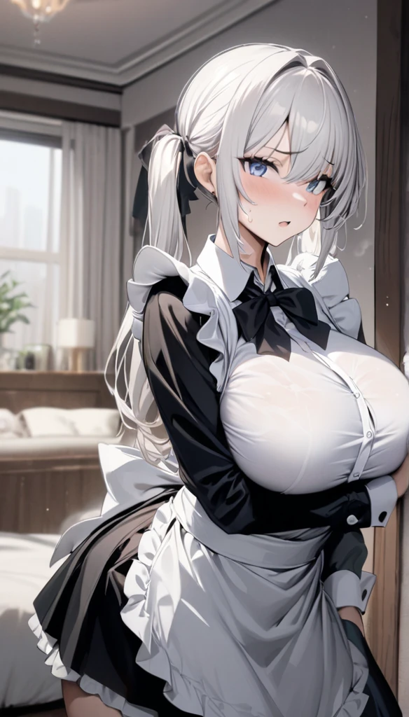  1 woman,  high resolution , masterpiece,  best quality , Long hair, Twin ponytails, White hair, Big breasts(d), maid，at home