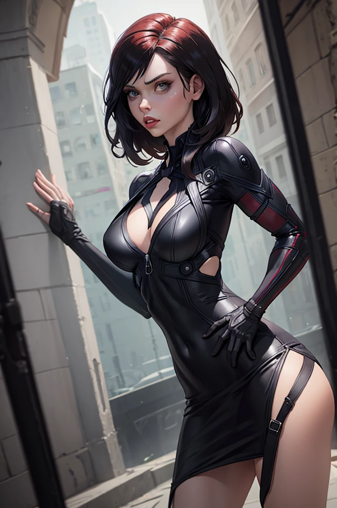 helle parr,latex outfit,long black hair,vivid purple eyes,smoky makeup,big round butt,perfectly sculpted abs,(best quality,4k,8k,highres,masterpiece:1.2),ultra-detailed,(realistic,photorealistic,photo-realistic:1.37),portrait,dark and moody lighting,vivid color grading, sexy face, blushing, oiled up, nsfw, small tits, cleavage towards camera, big cameltoe, huge ass, curvy, exposed breast, exposed, mid 30 of age,