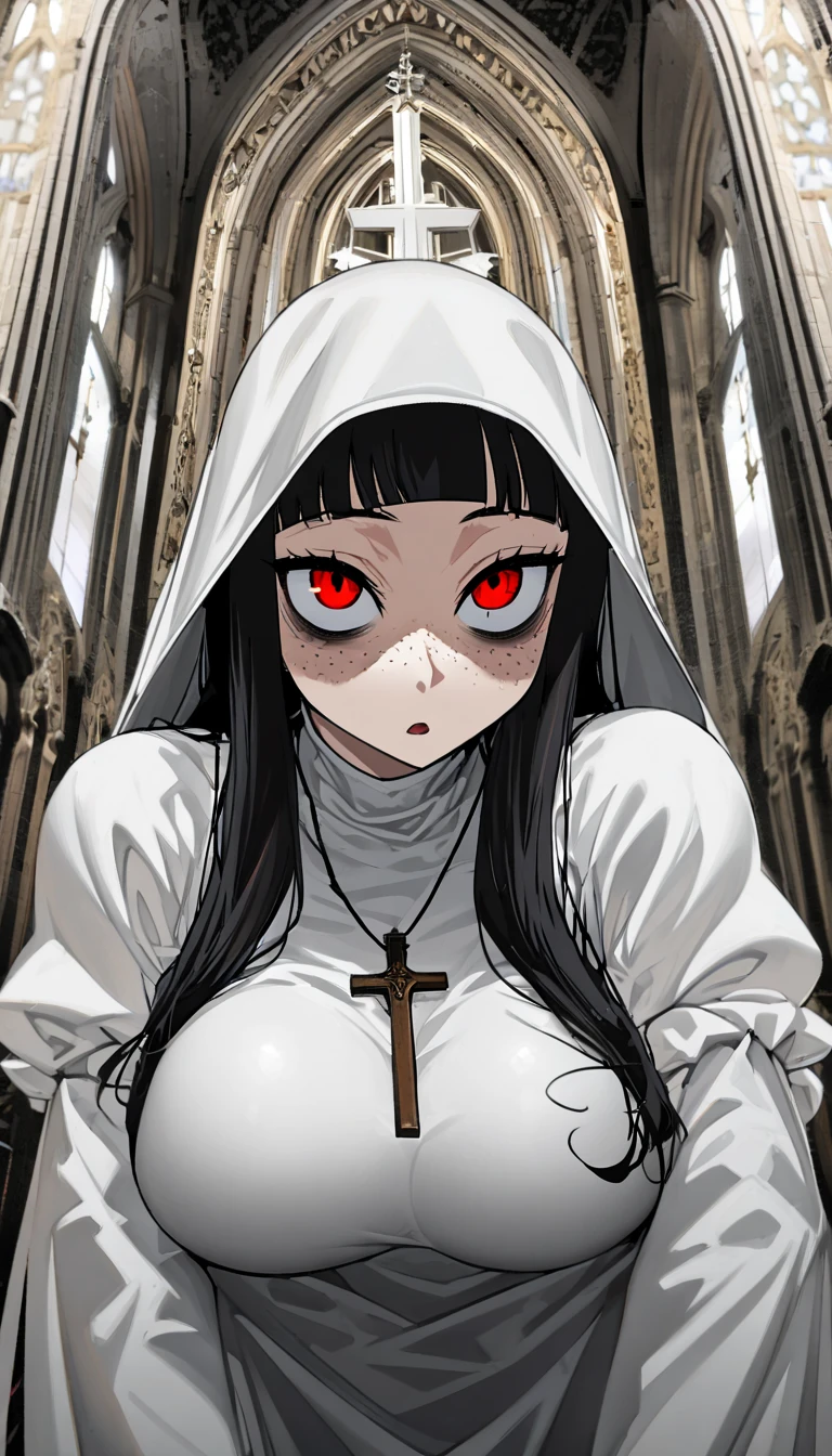  one woman, black hair,long hair,Hair tips that bounce outward, Red Eyes,Sanpaku,bags under eyes,Freckles,  looks bad,shark mouth, Huge, Saggy Breasts ,Big Ass,nun,wimple,Shoulder blades,White tights,Rosary, head on, and I can see my whole body,Cathedral background