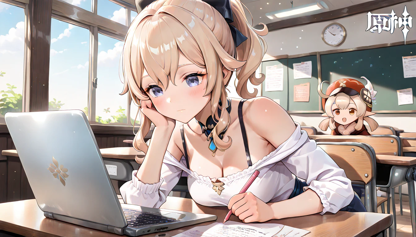 ((top quality)),((masterpiece)),((perfect face)),(ultra-detailed),ultra high res, 8k, 2girls, jean (genshin impact), klee (genshin impact), laptop, classroom, blonde hair,  exquisite, (very aesthetic:1.2), (absurdres:1.2), (detailed background),newest, perfect anatomy,