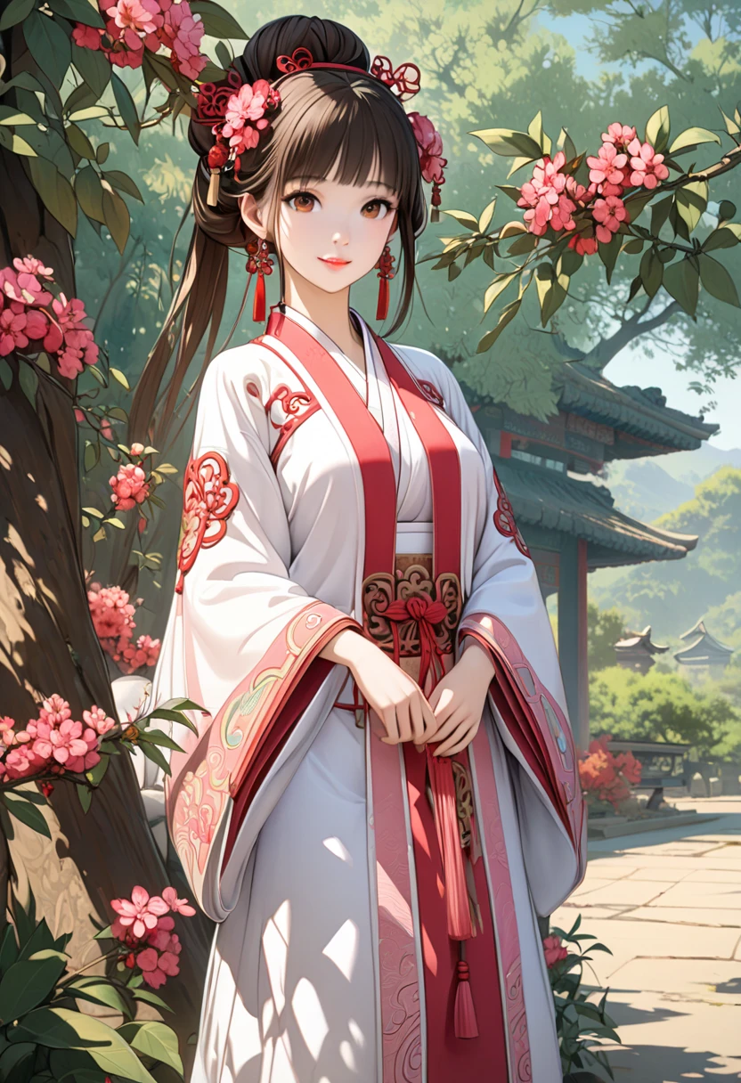 masterpiece,  super detail,  High Quality ,  very detailed, 8k wallpaper, A beautiful single daughter ,  ancient Chinese clothing , full body, Beautiful brown eyes,  pink lips, Beautiful nose, A neat and beautiful face,  looks at me and smiles gently , Mid-chest, Sunshine,  has an anatomically accurate and beautiful figure, Beautiful Skin, natural clean background , Wolfberry flower ,   next to a jujube tree  ,   detailed illustration art, 