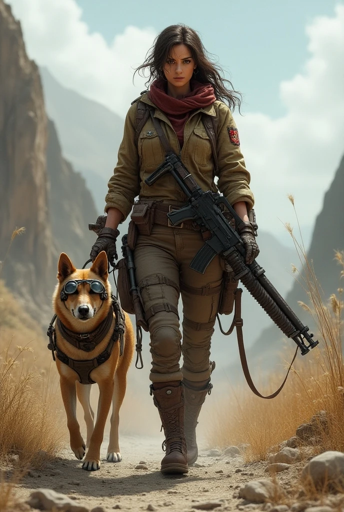 Picture of a woman with a gun and a dog, The dog is wearing goggles、Late Afterlife Marauders , Post-apocalyptic explorer,   senior concept artist  , Post-apocalyptic,  Interesting Character Designs , RPG Character Art ,  highly detailed character design ,  Amazing Character Design , Post-apocalyptic style,  RPG character concept art ,  video game character art , Cowboys of the End of Life ,  video game character concept、fall out、 Terada Katsuya's Style