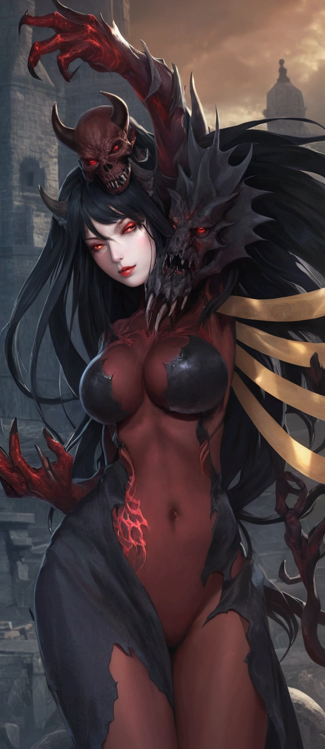 Three eyes, Large ears, poison fangs, sneering，Touch your chest，Hela hairstyle，D罩，Kirin arm，Eight-claw tentacles，Masturbation，onbed，Two daughters