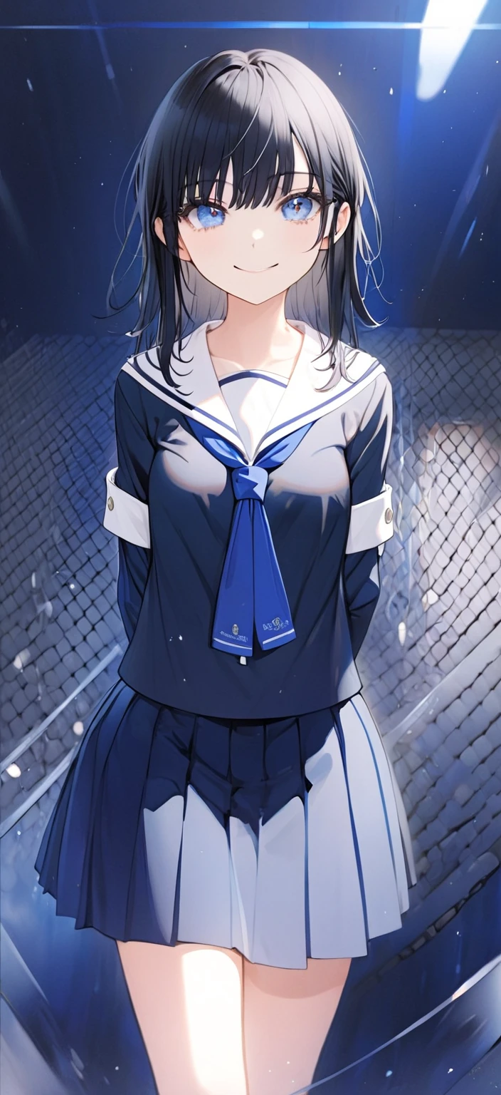 1 woman, available , white uniform, navy blue skirt,The skirt is all navy blue,High school girl, black hair,Eye color is blue,smile,The shirt is white 