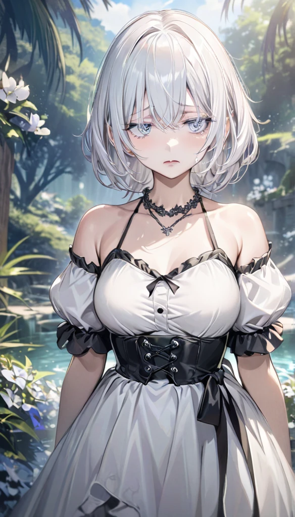 (masterpiece:1.2), ( Best Quality :1.2),  perfect eyes , Perfect face, Perfect Light, 1 Girl,  stands with her hands in front of her, Long hair,  complicated hairstyle , cosmetic, Dark lips, Thick lashes, sad, Melancholy,  wearing goth girl costume ,  black and white dress, frills, Ribbon, Puff sleeves,  Bare Shoulders , Lace necklace, Jewelry, peaceful, Quiet, chill,  detailed outdoor background ,  Beautiful Scenery , fantasy, summer, Sunlight, Sunburn, Flowers, Trees  