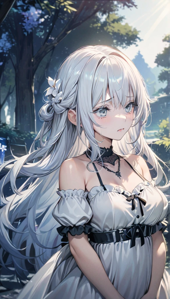 (masterpiece:1.2), ( Best Quality :1.2),  perfect eyes , Perfect face, Perfect Light, 1 Girl,  stands with her hands in front of her, Long hair,  complicated hairstyle , cosmetic, Dark lips, Thick lashes, sad, Melancholy,  wearing goth girl costume ,  black and white dress, frills, Ribbon, Puff sleeves,  Bare Shoulders , Lace necklace, Jewelry, peaceful, Quiet, chill,  detailed outdoor background ,  Beautiful Scenery , fantasy, summer, Sunlight, Sunburn, Flowers, Trees  