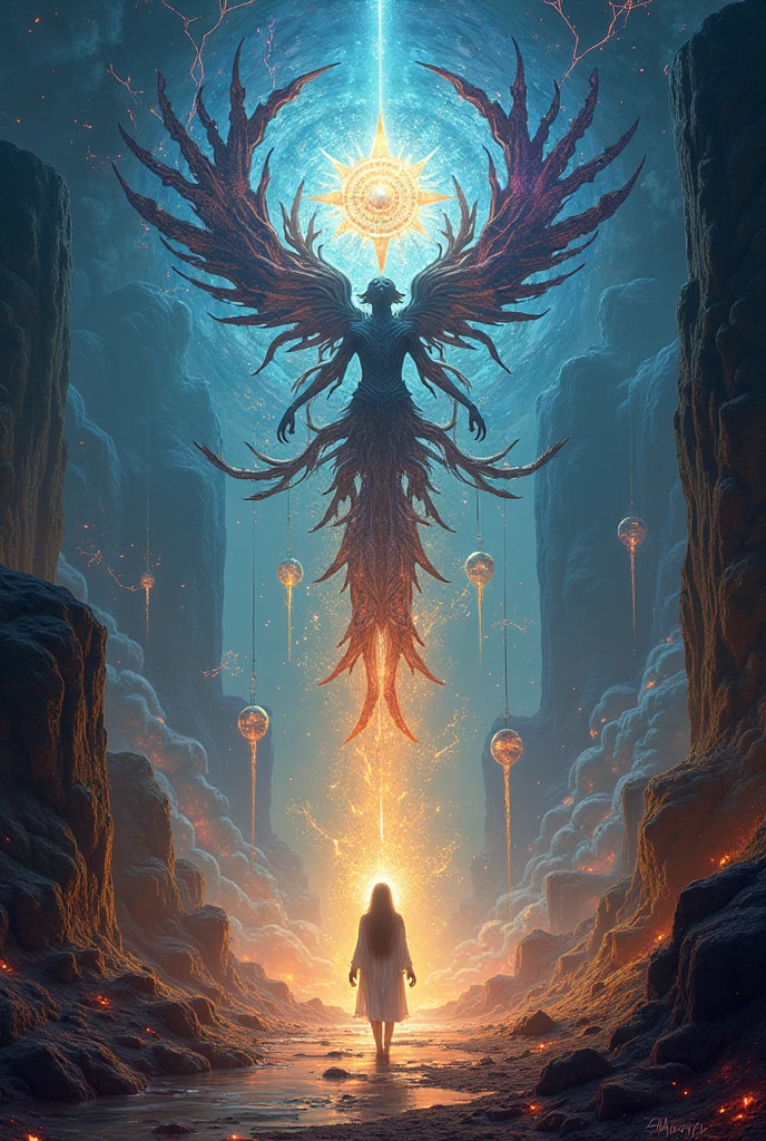 landscape, A piece of scorched earth, red clay, Dimensional gate, demonic energy, Web portals (Purpose), Giant arch with statue, particle, desert, night, Star, Volumetric lighting, best quality, masterpiece, Hand drawn texture, intricate details, actual, write