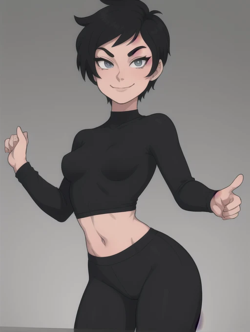 Lois Lane, 1girl, very short black hair, toon (style), small breasts, solo, perfect female anatomy, makeup, flat color, black lipstick , black yoga pants, grey eyes, black tight long sleeve croptop, looking at viewer, light smirk, sexy woman,