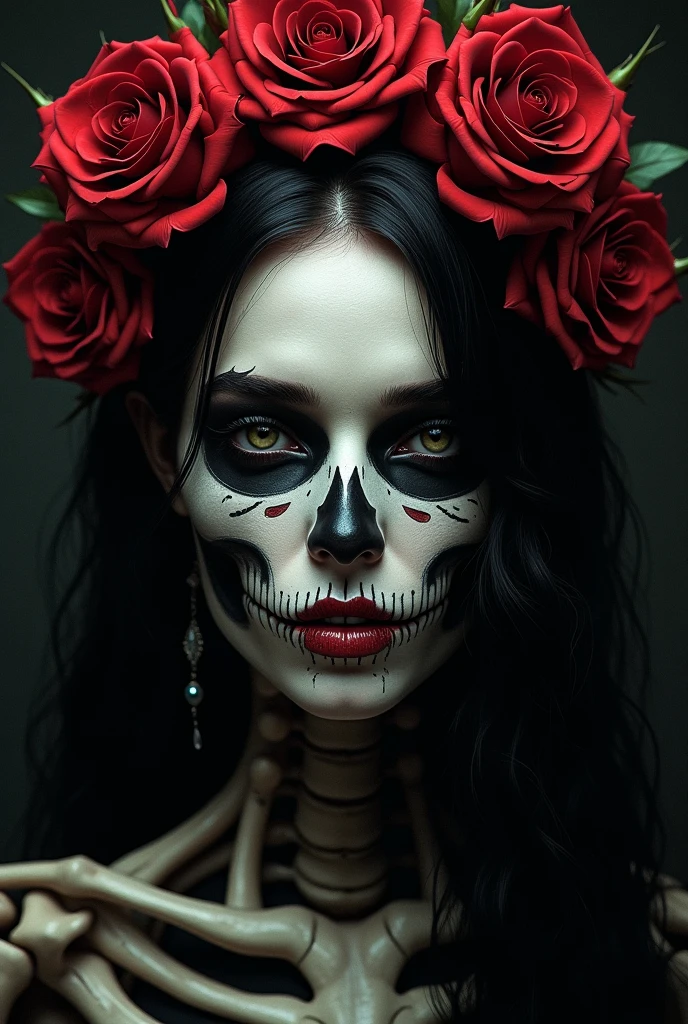 a woman with a skeleton face and roses in her hair, highly detailed dark art, gothic art style, dark art style, by Eddie Mendoza, gothic art, in style of dark fantasy art, dark but detailed digital art, elegant horror artwork, female face skull phoenix bird, goddess of death, macabre art, scary detailed art in color, adorned with demon skulls, todd mcfarlane art, comicbook art, 