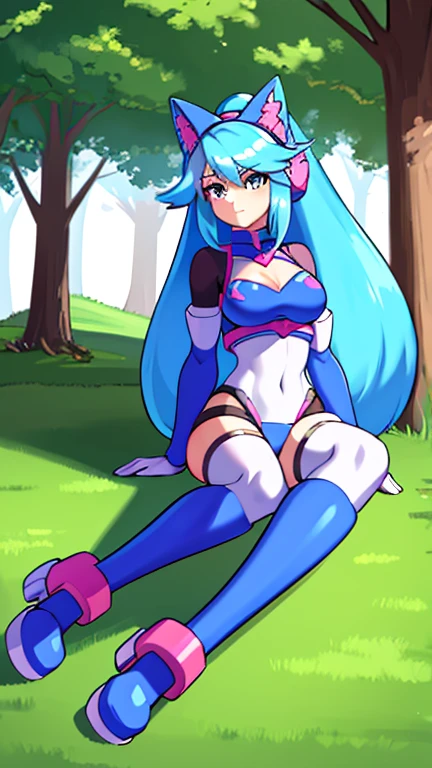 {{masterpiece, ultra-high quality, ultra detailed,}} 1girl, Silvervale, Vtuber, Wolf girl, Pastel blue and pink hair, happy expresion, , Relaxing in a park, professional art, Reploid, robot girl, Safe for Work, 