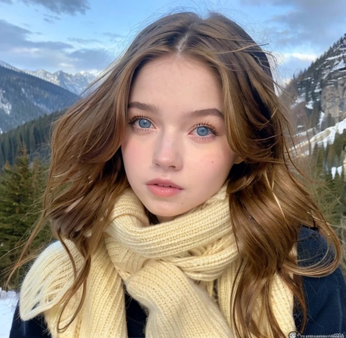 Pretty woman,cute,huge natural breasts, blonde hair curly/flowing, detailed dark BLUE eyes and face, not to skinny, make it ultra-realistic, western european girl, in the snow in the mountains, military uniform (modern military clothing elelments), extremely detailed blue eyes, extremely long wavy blonde hair.