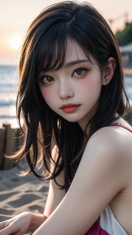 1girl, star eye, blush, perfect illumination, ocean hair, red eyes, unreal engine, sidelighting, detailed face, bangs, bright skin, simple background, dark background, 