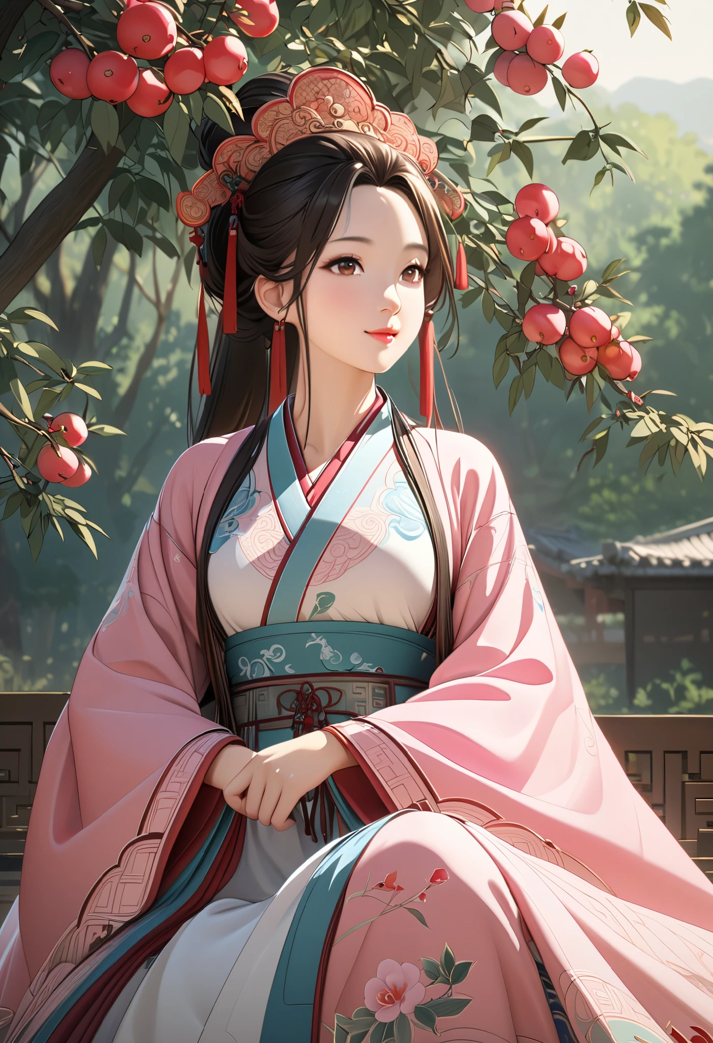 masterpiece,  super detail,  High Quality ,  very detailed, 8k wallpaper, A beautiful single daughter ,  ancient Chinese clothing , full body, Beautiful brown eyes,  pink lips, Beautiful nose, A neat and beautiful face,  looks at me and smiles gently , Mid-chest, Sunshine,  has an anatomically accurate and beautiful figure, Beautiful Skin, natural clean background , Wolfberry flower ,   next to a jujube tree  ,   detailed illustration art, 