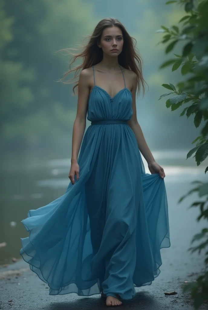 An illustrated movie poster, hand-drawn, full color, a teenage elven girl, wearing a cotton dress, light brown skin, sun-tanned olive complexion, Amazonian body, very tall, athletic, hourglass figure, curvy, generous hips, long legs, ridiculously thick powerful thighs, aquamarine eyes, glowing irises, long pointy elf ears, ash blonde hair, short shaggy bob, posing in a sunshower, wet glistening skin, hard shadows, graphite shading, stencil marks, airbrushed acrylic paint, masterpiece, in the style of Lord of the Rings 
