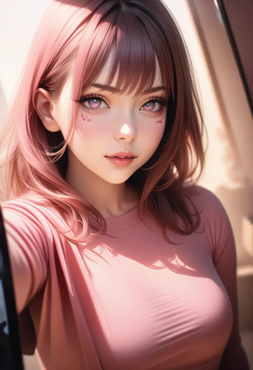 girl in summer clothes, top shot,((selfie)), brown eyes, pink hair, random background, kiss, beautiful, medium breasts, flirtatious look, ((very detailed)), (perfectly detailed face), (well detailed hand), photorealistic image.