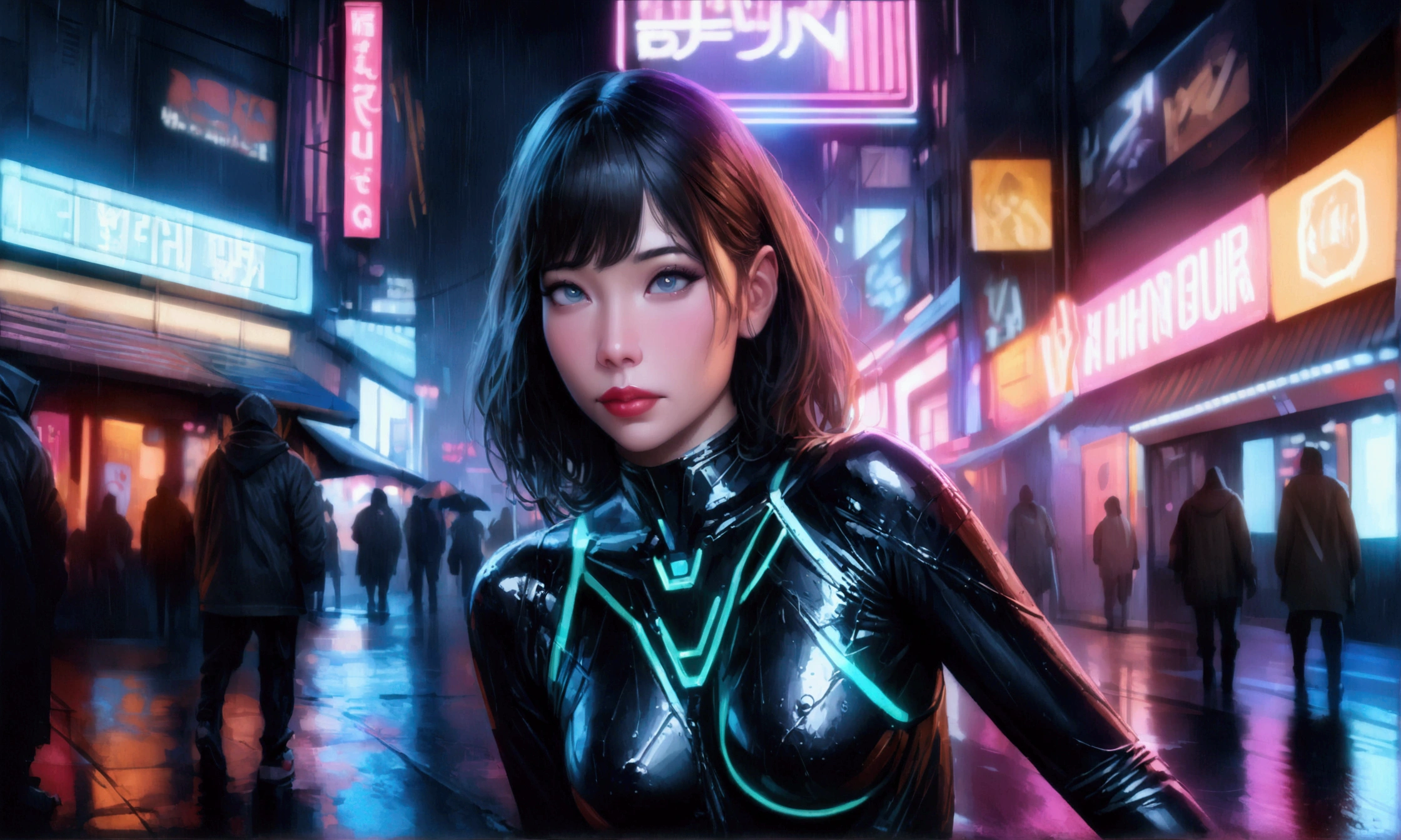 （in 8K、Raw photography、最好质量、A masterpice：1.2）、（Realistic、photoreallistic：1.37）、（aegyo sal:1）、a Pretty、Professional Writing、photon maping、Physically Based Rendering、bob cuts、Mechanical parts、Gray eye、Black tight suit、Night、Neon light、A sexy、cyberpunked、Clear background、mid tits、Whole human body --auto