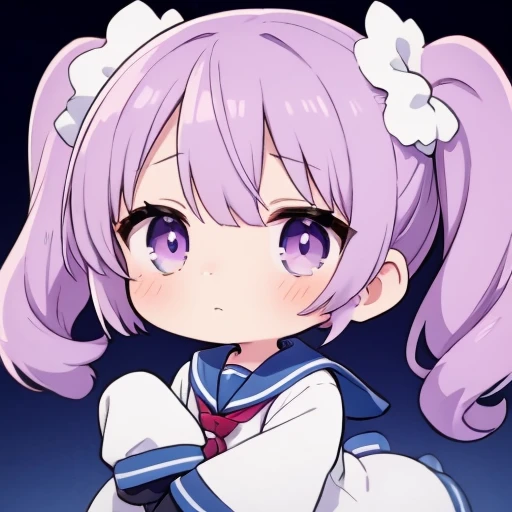  girl, cute,One person, twin tails, light purple hair ,uniform, sailor suit,Moe sleeves,Long sleeves,Sleeves to cover the arms, minicaras,Chibi character,tired-sode