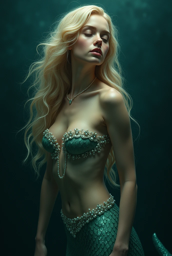 ((best qualityer)), ((work of art)), (detailded), 1 girl, half woman half fish, extremely thin waist, extremely mega colossal , extremely thick thighs, giant hair, extremely long hair, rapunzel, blonde hair, greeneyes, no clothing, naked, extremely hairy vaginas, haiina, very largeal hair