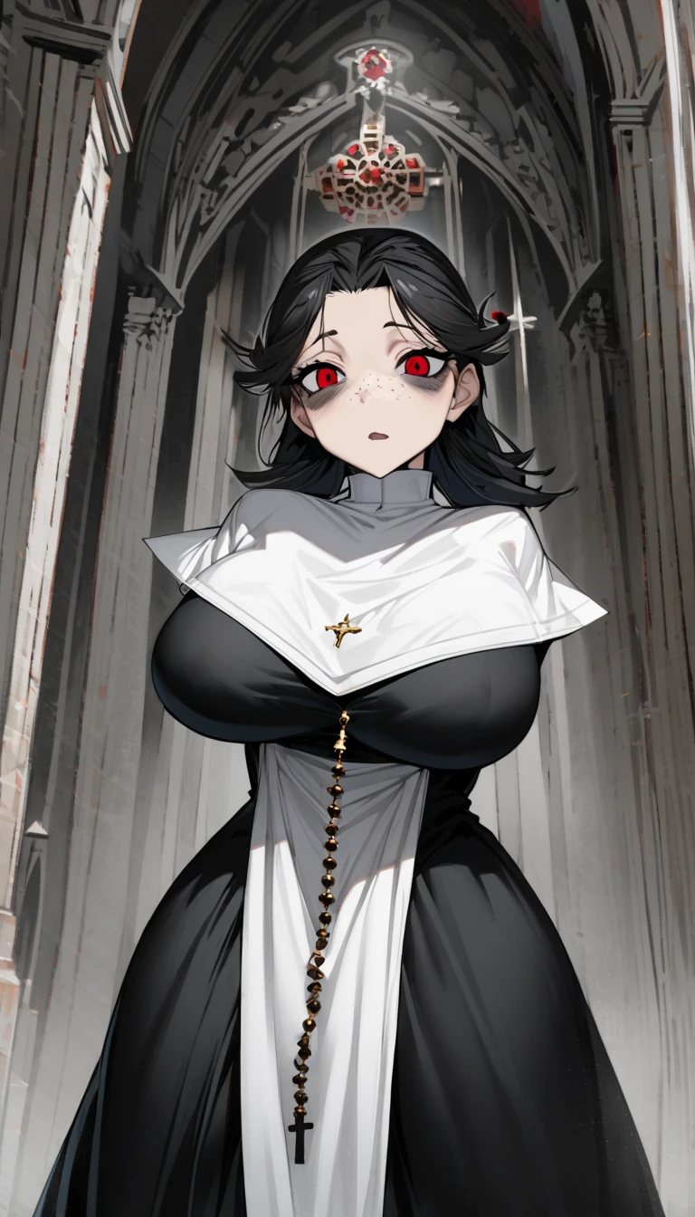  one woman, black hair,long hair,Hair tips that bounce outward, Red Eyes,Sanpaku,bags under eyes,Freckles,  looks bad,shark mouth, Huge, Saggy Breasts ,Big Ass,nun,wimple,Shoulder blades,White tights,Rosary, head on, and I can see my whole body,Cathedral background