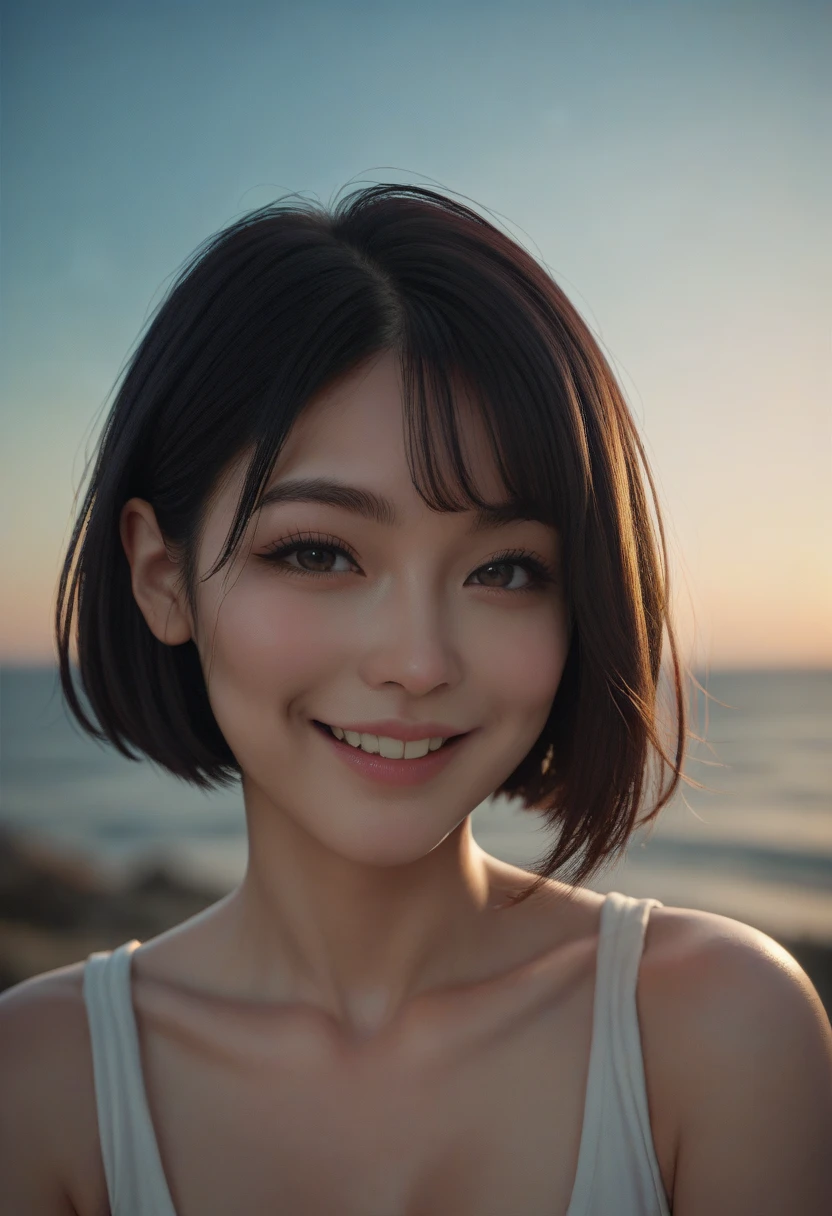 Arms up,full body,high angle,from above,cleavage,♥(beautiful elegant blue summer mini dress),((1girl,cute,young,pixie cut beautiful black hair,blunt bangs,beautiful eyes)),(solo),((masterpiece, highest resolution,best quality)), ((realistic:1.5,Beautiful girl RAW photo)), (looking at the viewer),innocent lovely laugh,sexy look,mouth open,cute teeth,cinematic lighting,walking around Kyoto,crowded,beautiful shops,temples and mountains,flowers,trees,blue sky