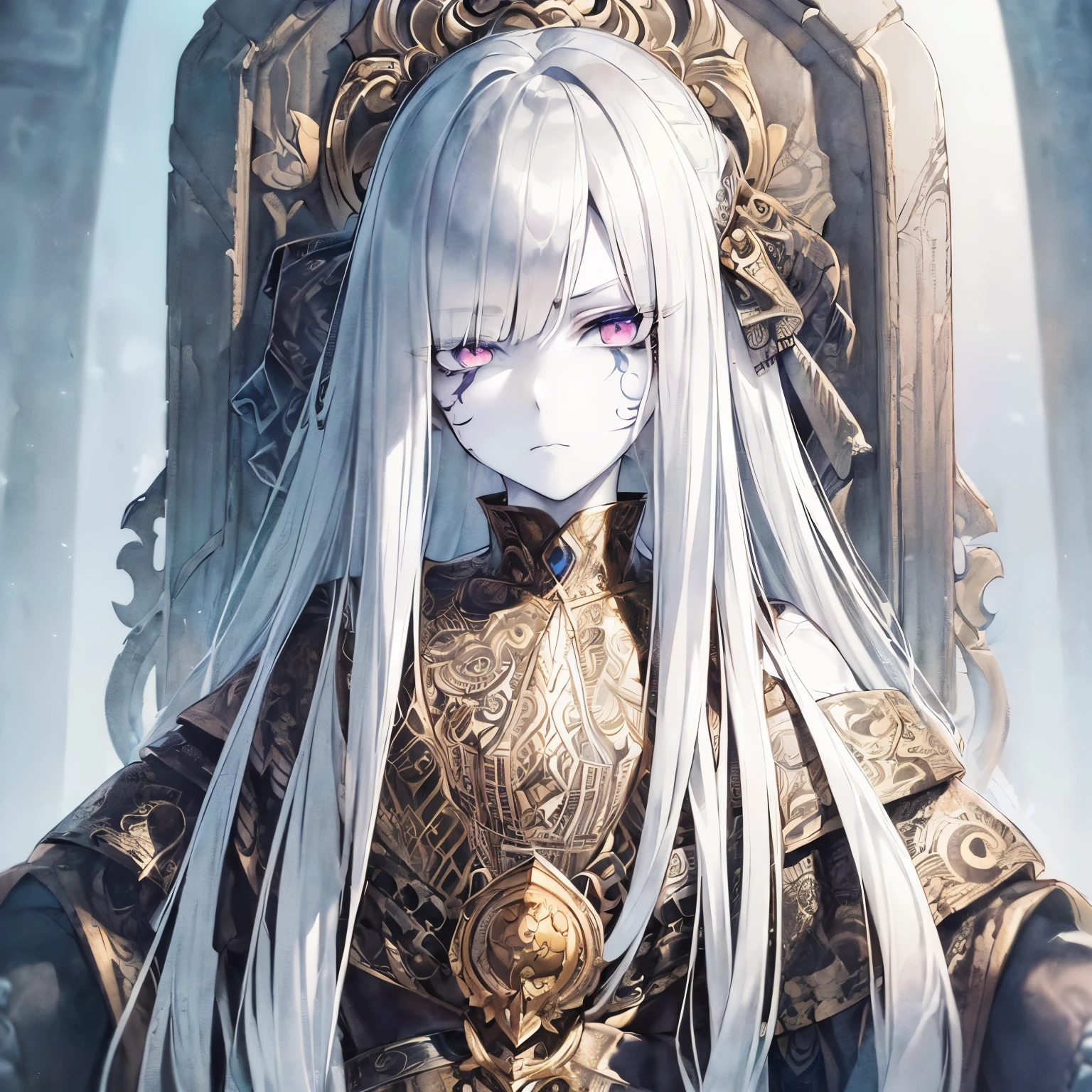 (((masterpiece))),best quality, illustration,(beautiful detailed boy), a boy ,solo,bare shoulders,flat_chst,diamond and glaring eyes,beautiful detailed cold face,very long blue and sliver hair,floaing black feathers,wavy hair,black and white sleeves,gold and sliver fringes,a (blackhole) behind the boy,a silver triple crown inlaid with obsidian,(sit) on the black ((throne)), (depth) of (field)