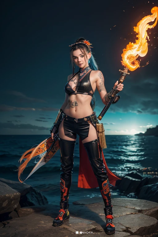 A lovely, young  beautiful, attractive & charming cyberpunk girl, 18yr old, wearing  native japanese facial features, wearing a ninja costume, ( holding treasure samurai sword), with a gaint tortoise by her side, casting a torching bolt from hands, super photographic detail, wearing a cyber punk armored design, full body view, Social Media Composition, Character Sheet Full-Length, ocean cliff background, showing waves of water splashing, from the rocky beach cove, wearing a native cyberpunk tribal design, wearing a lots of illuminating pearls and shards design like a princess, (riding koi fish nxt by her side, standing on a squids background, with emince size & proportion), stunning tribal long wavy hairstyles, sultan leaf head bands, anatomically correct human anatomy and face details, Smile, anatomical correct facial details, multi  color tribsl tattoos,High Resolution,