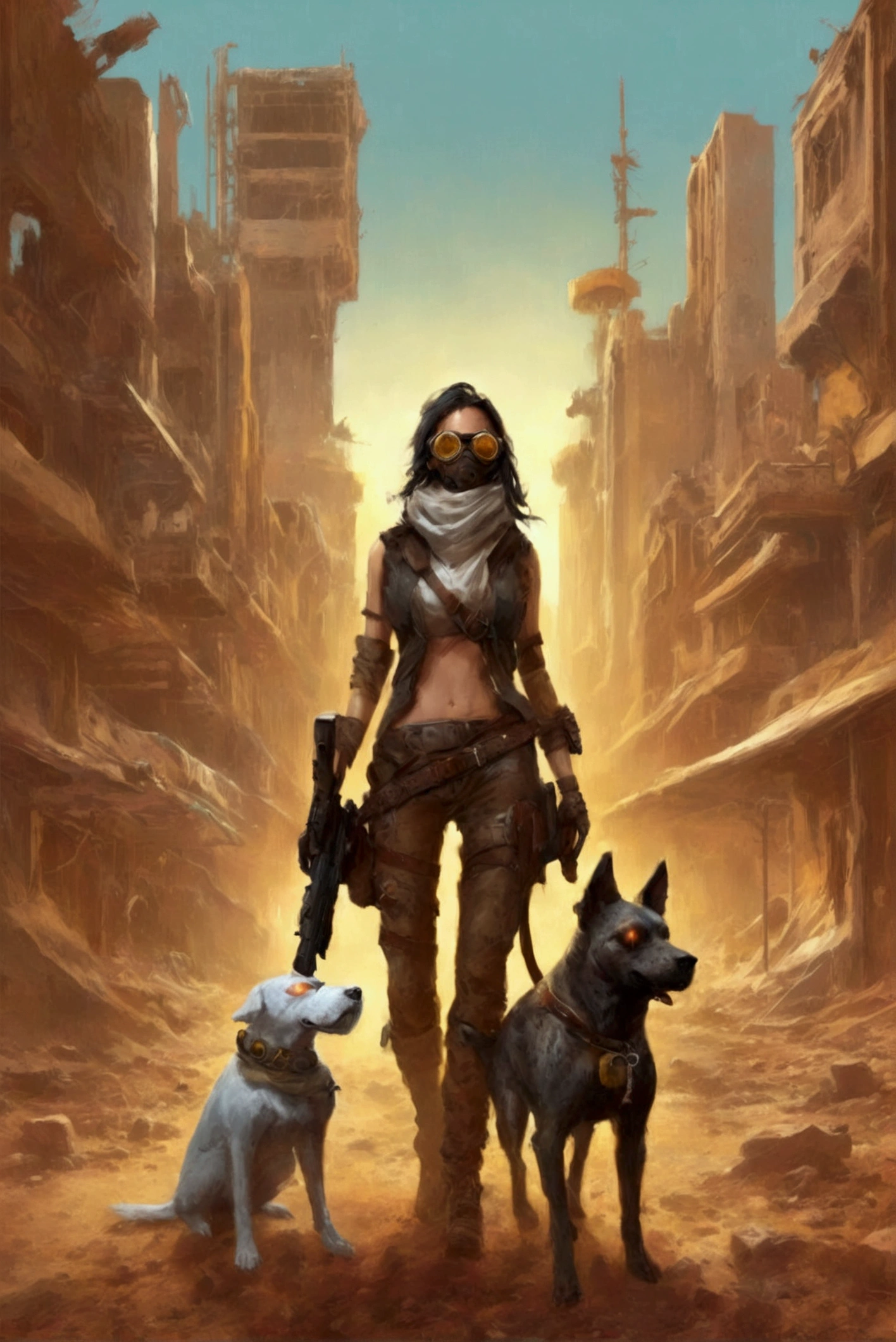 Picture of a woman with a gun and a dog, The dog is wearing goggles、Late Afterlife Marauders , Post-apocalyptic explorer,   senior concept artist  , Post-apocalyptic,  Interesting Character Designs , RPG Character Art ,  highly detailed character design ,  Amazing Character Design , Post-apocalyptic style,  RPG character concept art ,  video game character art , Cowboys of the End of Life ,  video game character concept、fall out、 Terada Katsuya's Style