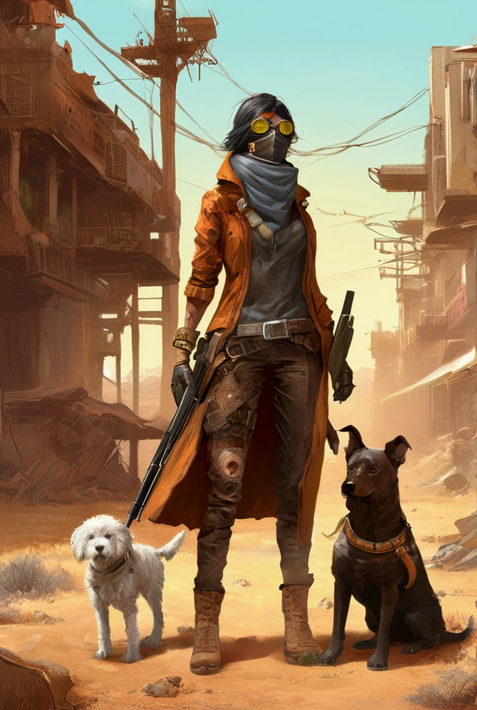 Picture of a woman with a gun and a dog, The dog is wearing goggles、Late Afterlife Marauders , Post-apocalyptic explorer,   senior concept artist  , Post-apocalyptic,  Interesting Character Designs , RPG Character Art ,  highly detailed character design ,  Amazing Character Design , Post-apocalyptic style,  RPG character concept art ,  video game character art , Cowboys of the End of Life ,  video game character concept、fall out、 Terada Katsuya's Style