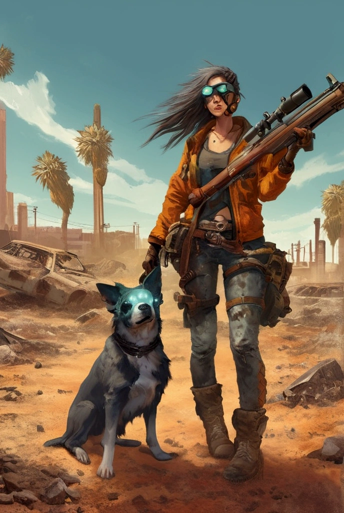 Picture of a woman with a gun and a dog, The dog is wearing goggles、Late Afterlife Marauders , Post-apocalyptic explorer,   senior concept artist  , Post-apocalyptic,  Interesting Character Designs , RPG Character Art ,  highly detailed character design ,  Amazing Character Design , Post-apocalyptic style,  RPG character concept art ,  video game character art , Cowboys of the End of Life ,  video game character concept、fall out、 Terada Katsuya's Style