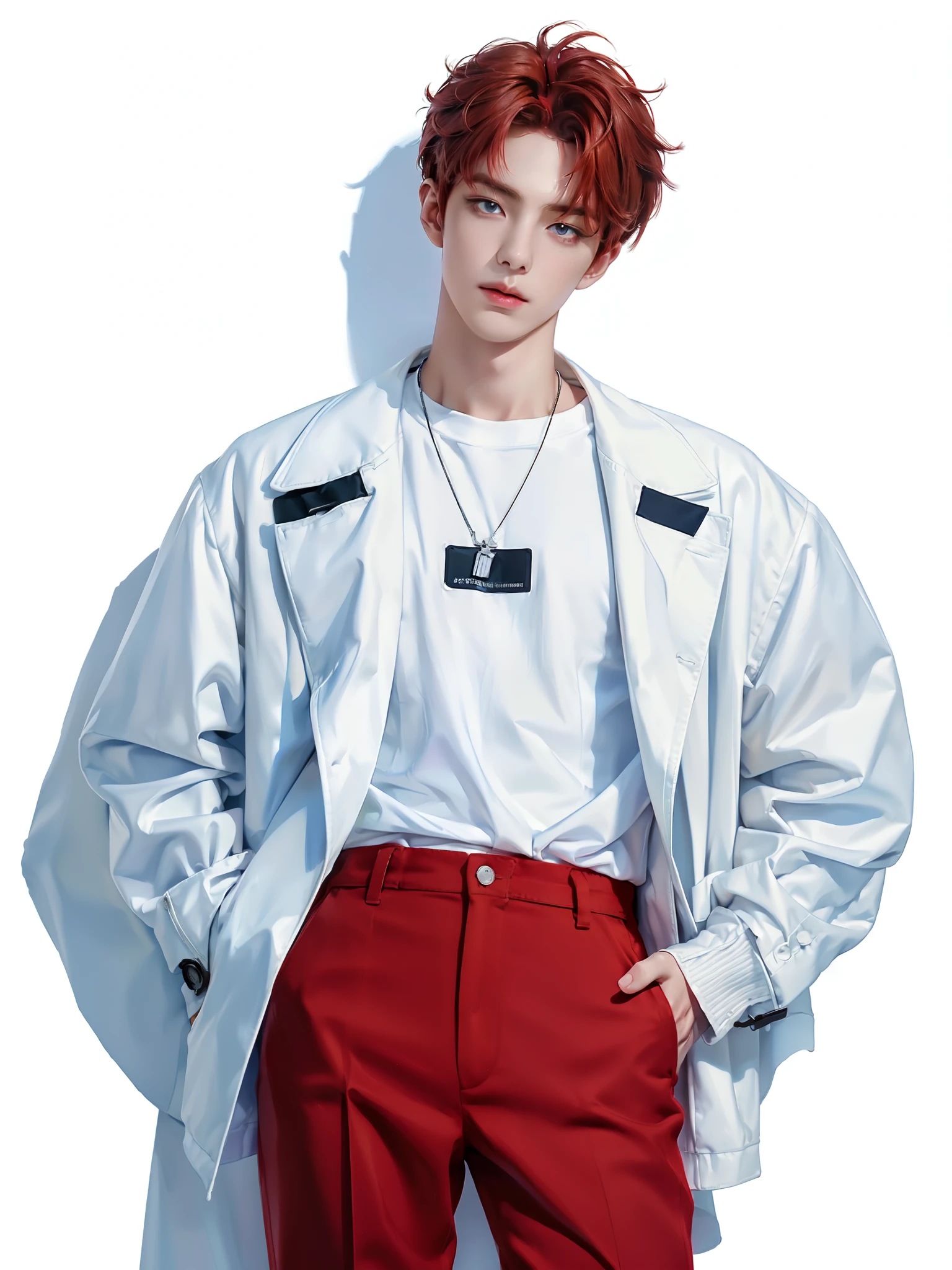 (4K)) ((  high quality  )) (( white background )) ((amber-red hair color)) ((blue trousers)) стоит прмо One участник к-поп группы,  Yeongjun has a refined and attractive appearance  ........, , which immediately distinguishes it from others . He has soft facial features..........., perfect skin and expressive eyes, his nose is long, and plump lips. Yunjun medium length hair, slightly wavy,  and is painted in a warm reddish tint with a slight honey tint . Он часто укладывает волосы вот So, So,  so that the bangs cover your forehead on both sides , ,  that adds mystery and romantic look  . HE wears a :  A simple pastel or white sweater ,  maybe ,  with a small pattern or logo ,  to add a little playfulness to the look .  on top you can wear a light jacket , For example,  neutral bomber jacket .
through:  Straight or slightly skinny jeans in light blue for a classic,  top but a modern-looking . (  relaxed pose  )) ((full length pose)) ((looks at me)) ((hands are relaxed)) ((hand in pocket) ((full length pose)) ((painting in artistic style)) (( white background )) ((Выстрел One)) ((One))