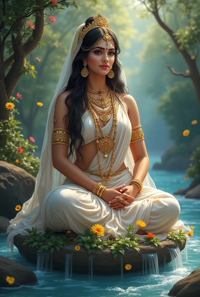 a hindu god krishna sitting near beach, intricate detailed painting, beautiful ornate jewelry, detailed floral headpiece, serene tranquil ocean waves, golden sunset sky, highly detailed, photorealistic, 8k, masterpiece
