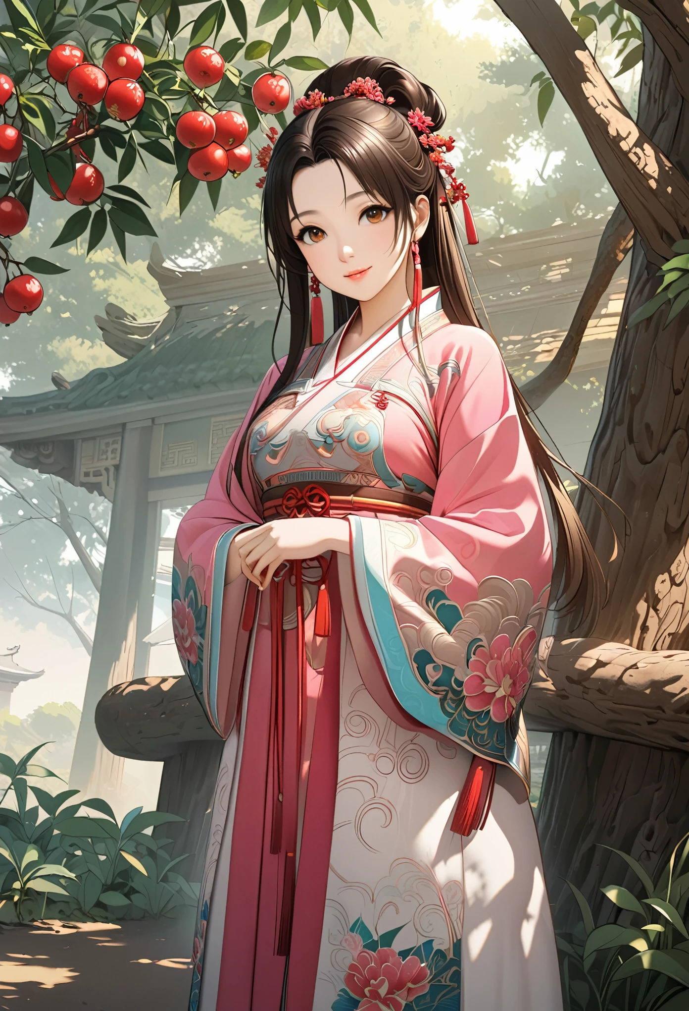 masterpiece,  super detail,  High Quality ,  very detailed, 8k wallpaper, A beautiful single daughter ,  ancient Chinese clothing , full body, Beautiful brown eyes,  pink lips, Beautiful nose, A neat and beautiful face,  looks at me and smiles gently , Mid-chest, Sunshine,  has an anatomically accurate and beautiful figure, Beautiful Skin, natural clean background , Wolfberry flower ,   next to a jujube tree  ,   detailed illustration art, 