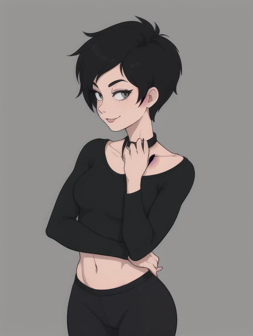 Lois Lane, 1girl, spike dog collar around her neck, very short black hair, toon (style), small breasts, solo, perfect female anatomy, makeup, flat color, black lipstick , standing, back view, black yoga pants, grey eyes, black tight long sleeve croptop, looking at viewer, light smirk, sexy woman,