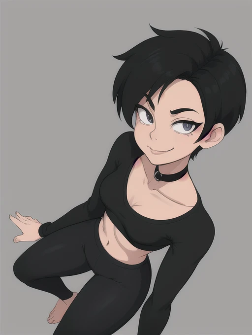 Lois Lane, 1girl, spike dog collar around her neck, very short black hair, toon (style), small breasts, solo, perfect female anatomy, makeup, flat color, black lipstick , standing, black yoga pants, grey eyes, black tight long sleeve croptop, looking at viewer, light smirk, sexy woman,