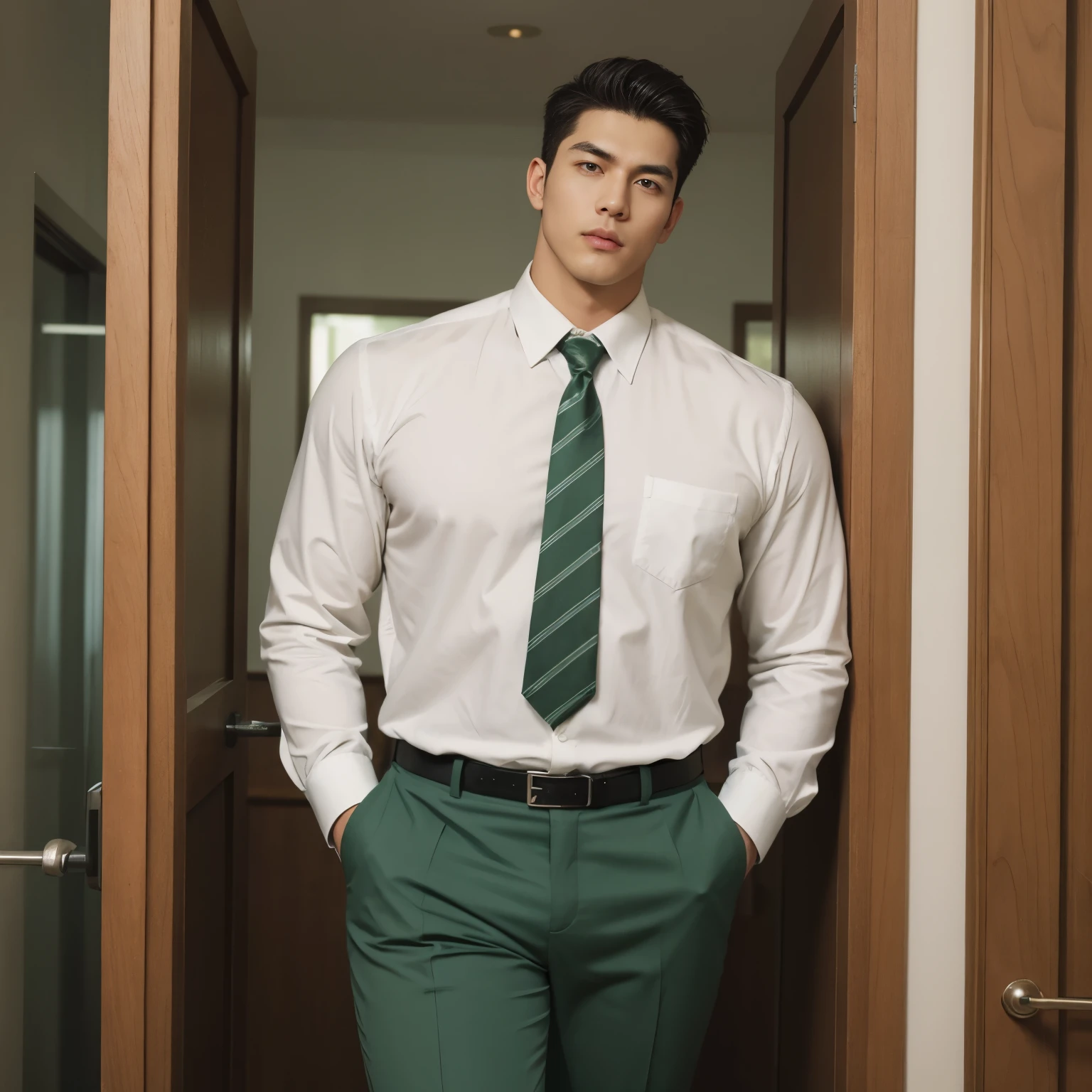 big tall Very giant muscular men  , big Shoulder,leaning  in door office,  wearing formal shirt green and white pants,,black  belt,  too tall, modeling pose