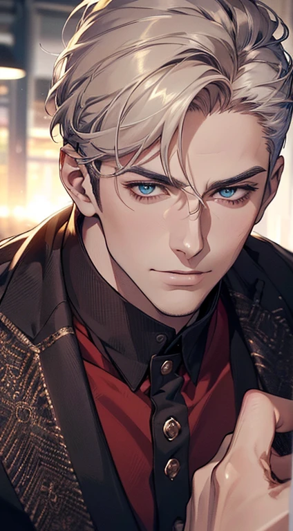 (best quality,4k,8k,highres,masterpiece:1.2),ultra-detailed,(realistic,photorealistic,photo-realistic:1.37),1 man,3,mature man,very handsome,without expression,smile,short red white hair,blue eyes, gaze,perfect face without errors,imposing posture,businessman,office background,cinematic lighting,hdr image