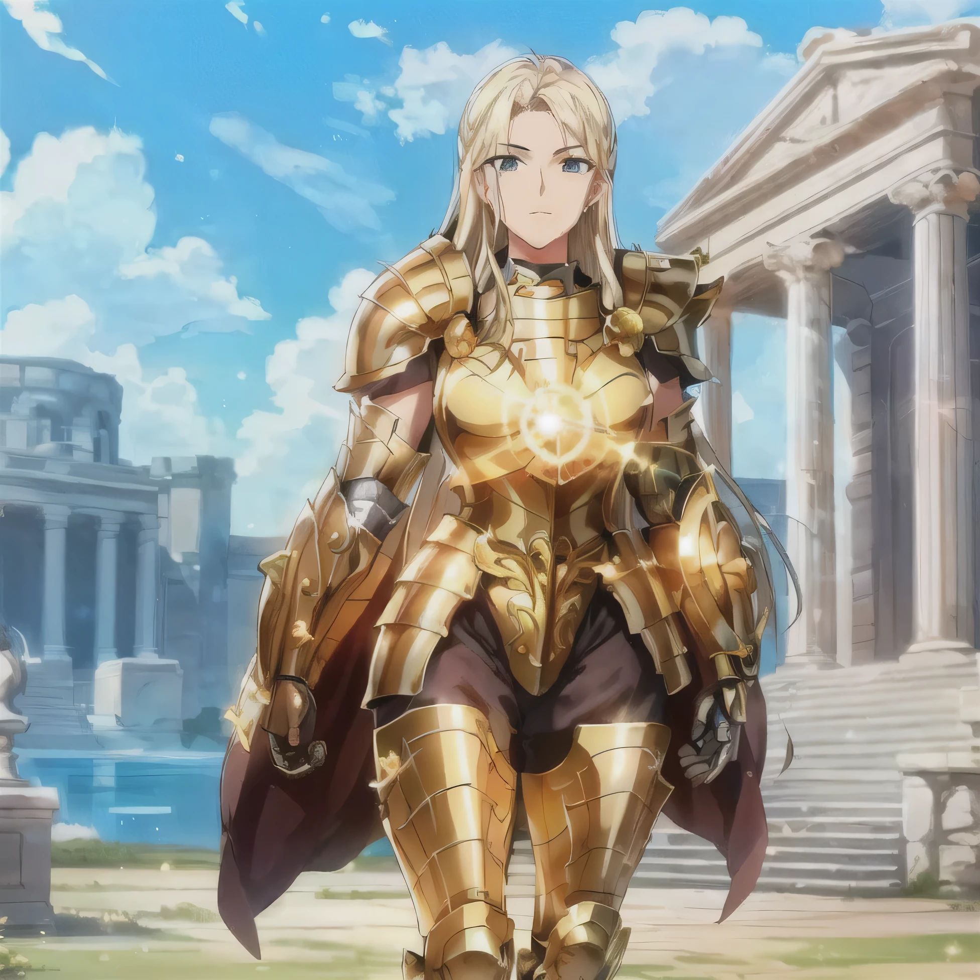 a woman in armor standing in front of a building, armor girl, angelic golden armor, bikini armor female knight, golden armor wearing, knights of zodiac girl, gloden armor, light gold armor, wearing golden armor, wearing gold armor, clothed in ancient battle armor, gilded shiny armour, golden armour, paladin golden armor, gold armour suit, body golden armor