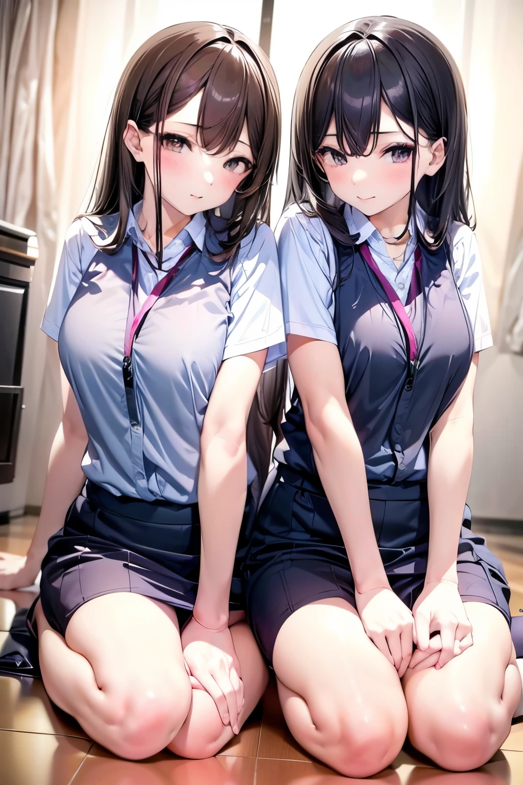 Kneel on the floor "2 girls" Turning the other way, sitting talking, work clothes, black hair.