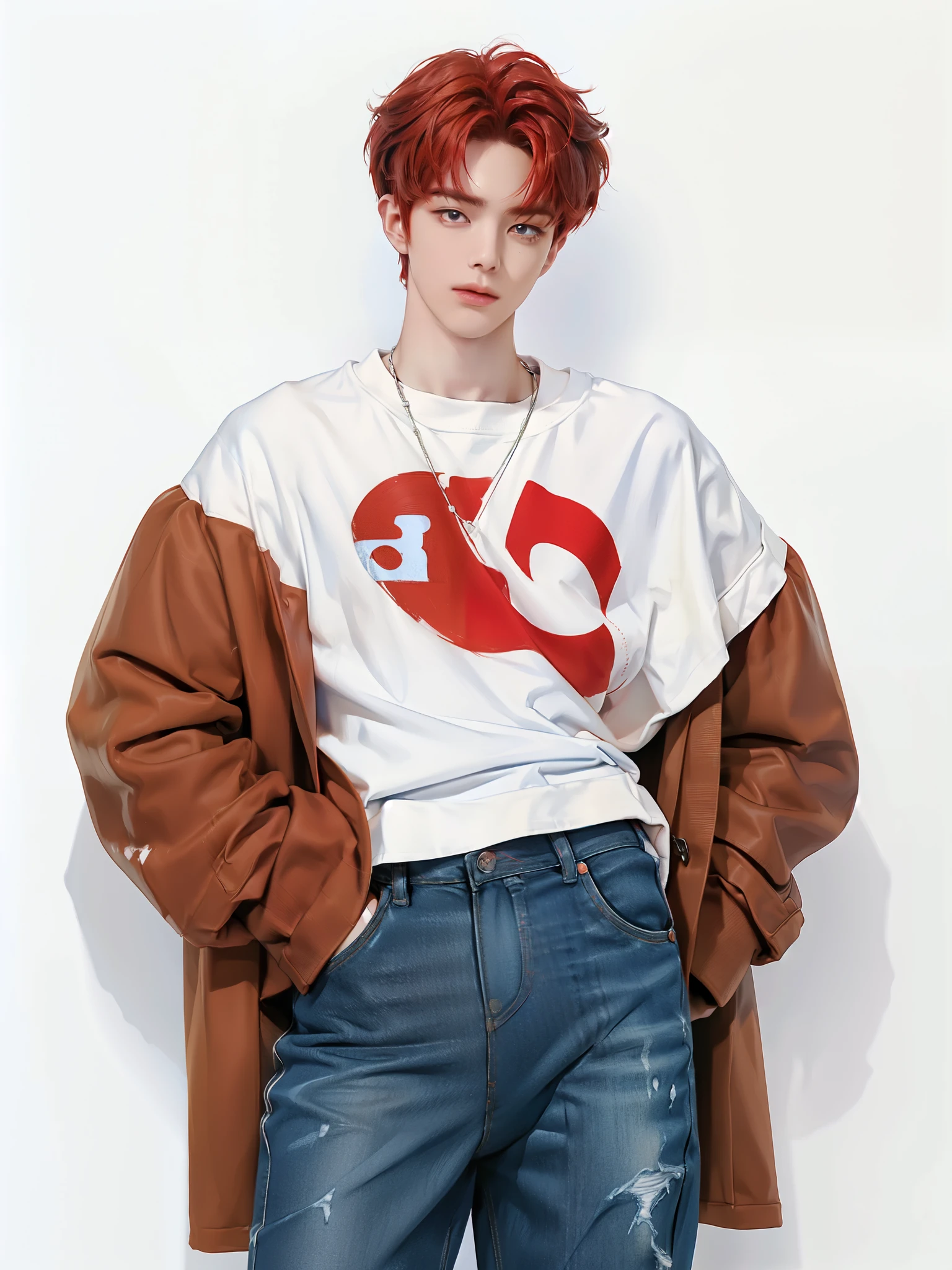 (4K)) ((  high quality  )) (( white background )) ((amber-red hair color)) ((blue trousers)) стоит прмо One участник к-поп группы,  Yeongjun has a refined and attractive appearance  ........, , which immediately distinguishes it from others . He has soft facial features..........., perfect skin and expressive eyes, his nose is long, and plump lips. Yunjun medium length hair, slightly wavy,  and is painted in a warm reddish tint with a slight honey tint . Он часто укладывает волосы вот So, So,  so that the bangs cover your forehead on both sides , ,  that adds mystery and romantic look  . HE wears a : soft,  A slightly oversized pastel sweater or cardigan,  that you can wear over a .
through: Loose house pants or joggers ,  t-shirt to feel cozy and at ease .(  relaxed pose  )) ((full length pose)) ((looks at me)) ((hands are relaxed)) ((hand in pocket) ((full length pose)) ((painting in artistic style)) (( white background )) ((Выстрел One)) ((One))