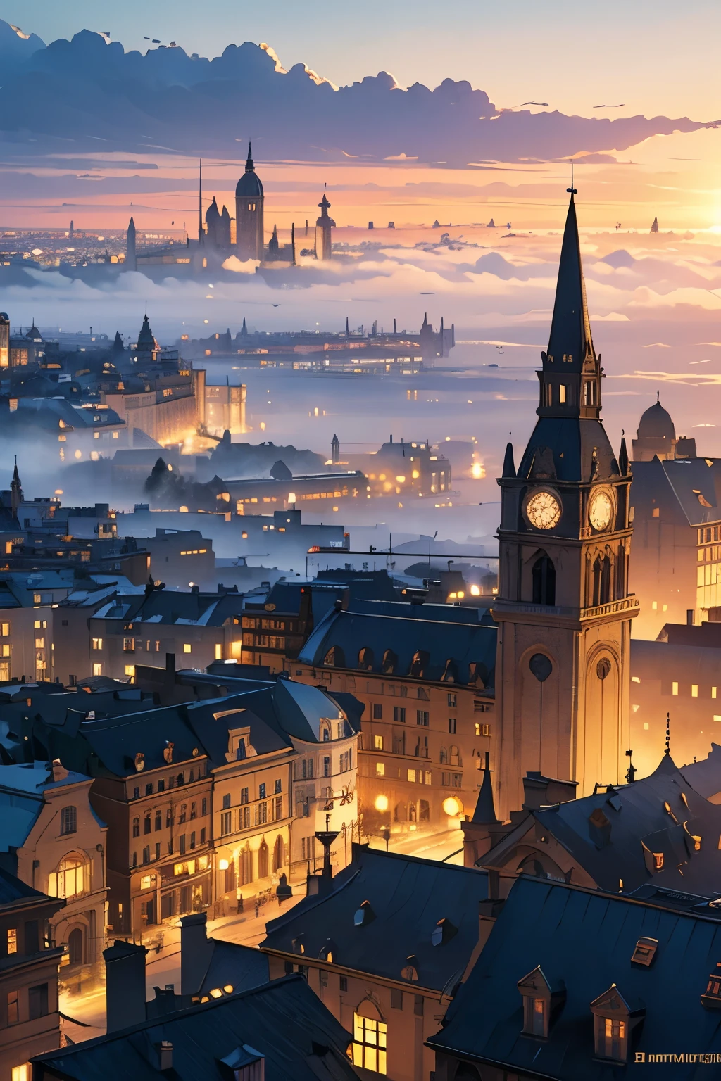 a city at night with fog, seen from above with baroque architecture , realistic, landscape, Photorealisam, ultragraphics.