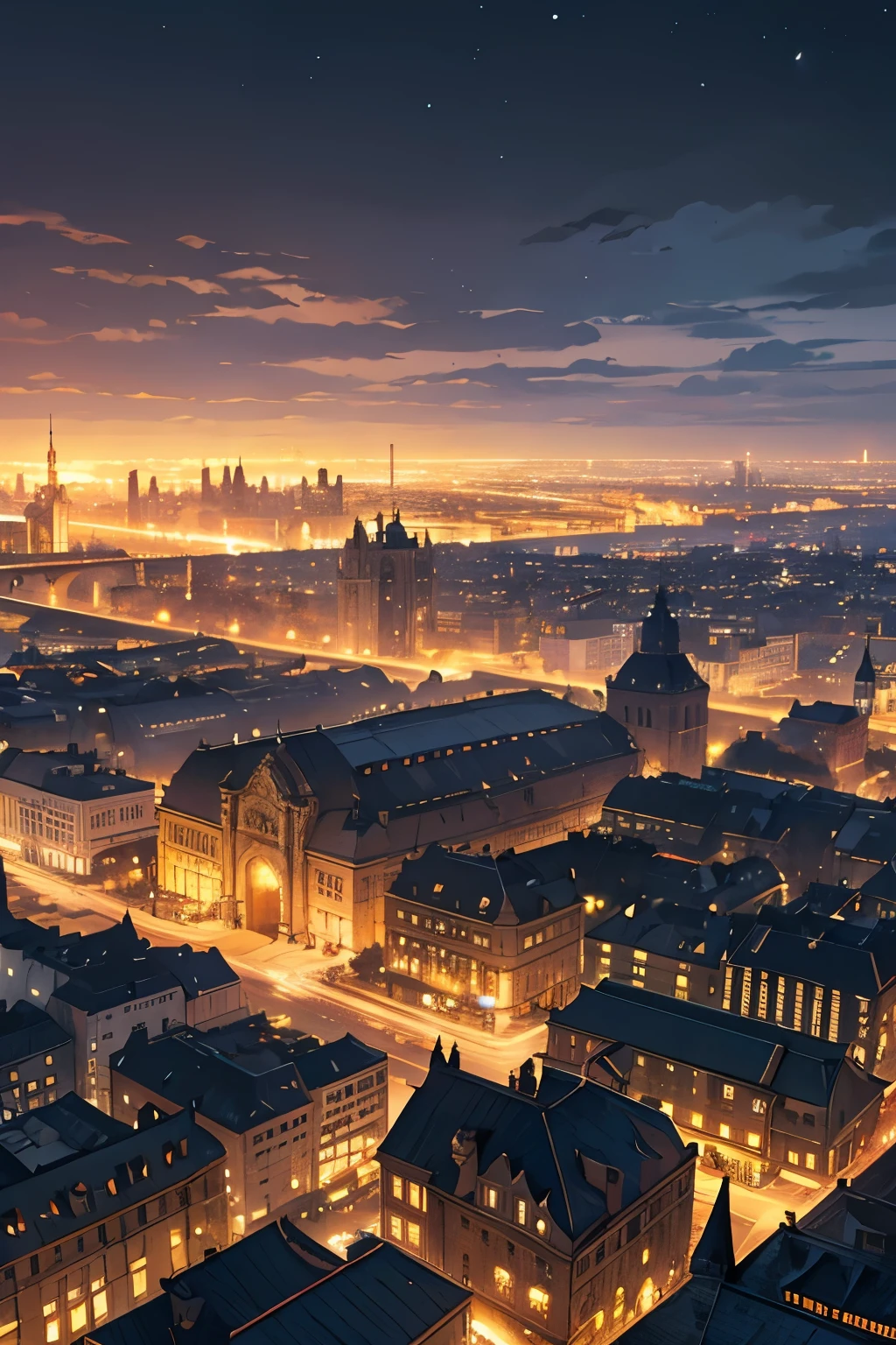 a city at night with fog, seen from above with baroque architecture , realistic, landscape, Photorealisam, ultragraphics.