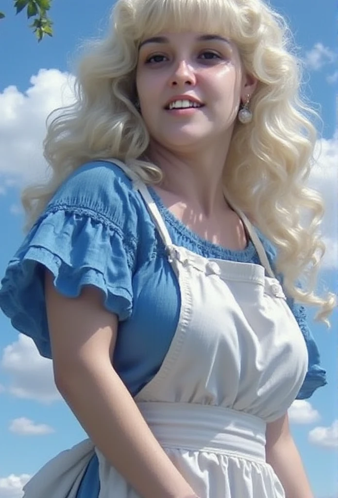 Nsfw,masterpiece, small size head, pinup, Stunning Blonde lady, pale skin, blue eyes,1940s hairstyle, stunning, smile,wearing white royal dress, black pantyhose ,red stilettos , she wear diamond jewels,thick calves, thick legs , big ass. She is kissing an african farmer man who wear tank top, in an african poor Town.