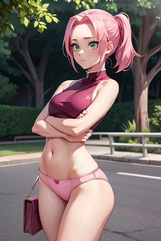 1 girl in public, ashamed, hits, body, perfect slender body,  girl, pink hair in a side ponytail, sensual neckline, round breasts, micro shorts 1.4, ultra high definition, 4k image, green eyes, character close up camera, tight shorts, v panties, pink panties, low waist panties. Sakura Haruno. Small top and big  that come out from under the top.