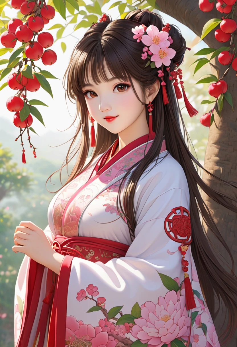 masterpiece,  super detail,  High Quality ,  very detailed, 8k wallpaper, A beautiful single daughter ,  ancient Chinese clothing , full body, Beautiful brown eyes,  pink lips, Beautiful nose, A neat and beautiful face,  looks at me and smiles gently , Mid-chest,  has an anatomically accurate and beautiful figure, Beautiful Skin, natural clean background , Sunshine, Wolfberry flower ,   next to a jujube tree  ,   detailed illustration art, 